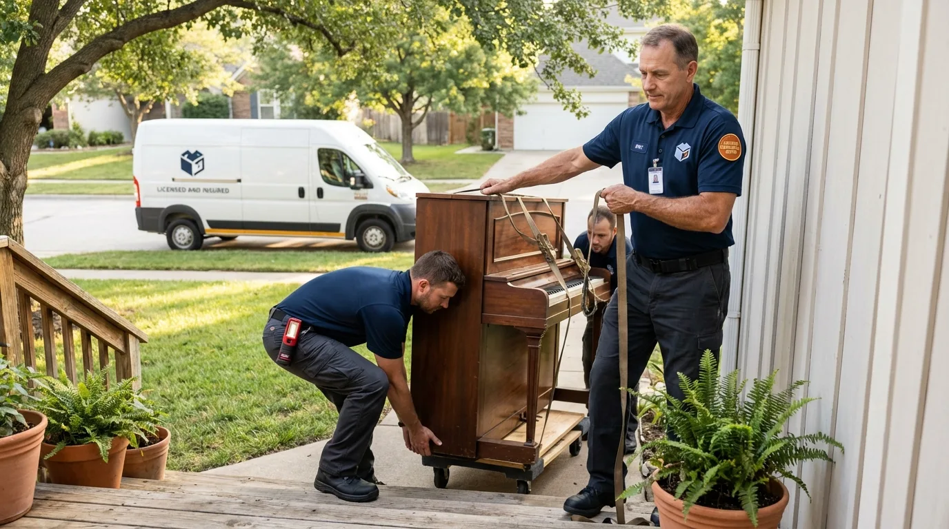 Licensed piano movers securing grand piano in Bogart, GA