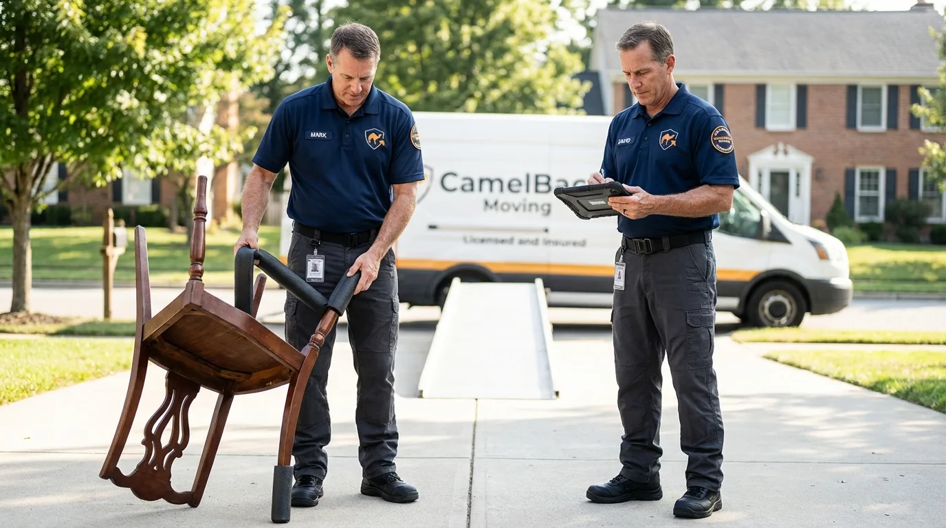 Movers inspecting furniture for damage prevention before loading in Bogart, GA